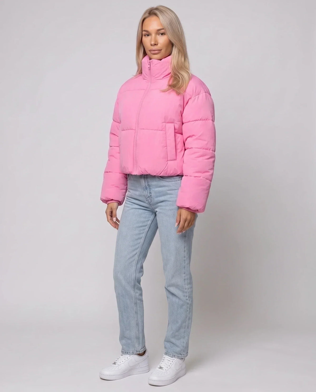 Short Quilted Jacket with Zipped Funnel Collar
