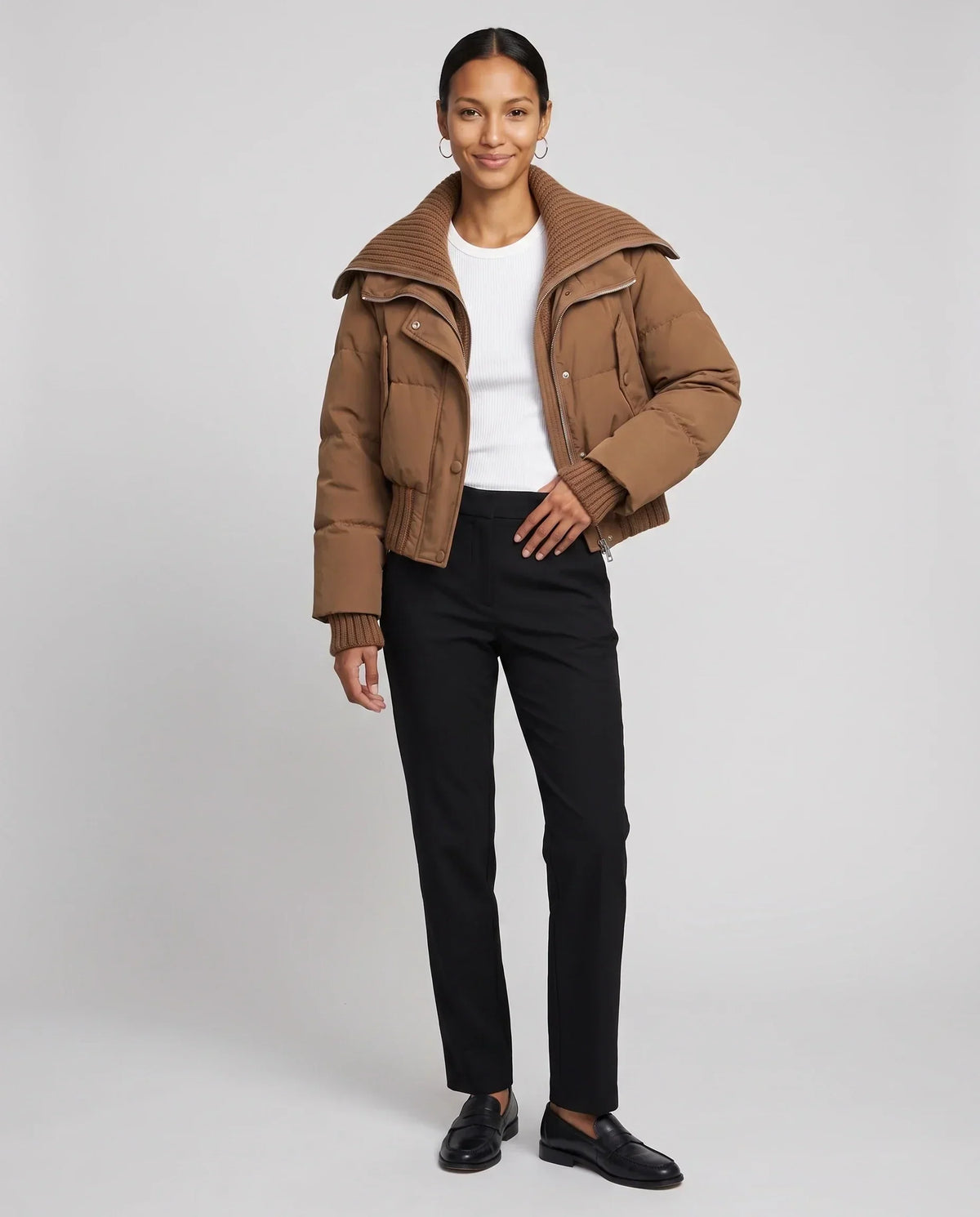 Short Puffer Jacket with Knitted Collar