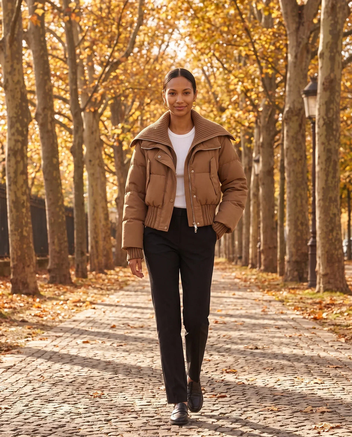 Short Puffer Jacket with Knitted Collar