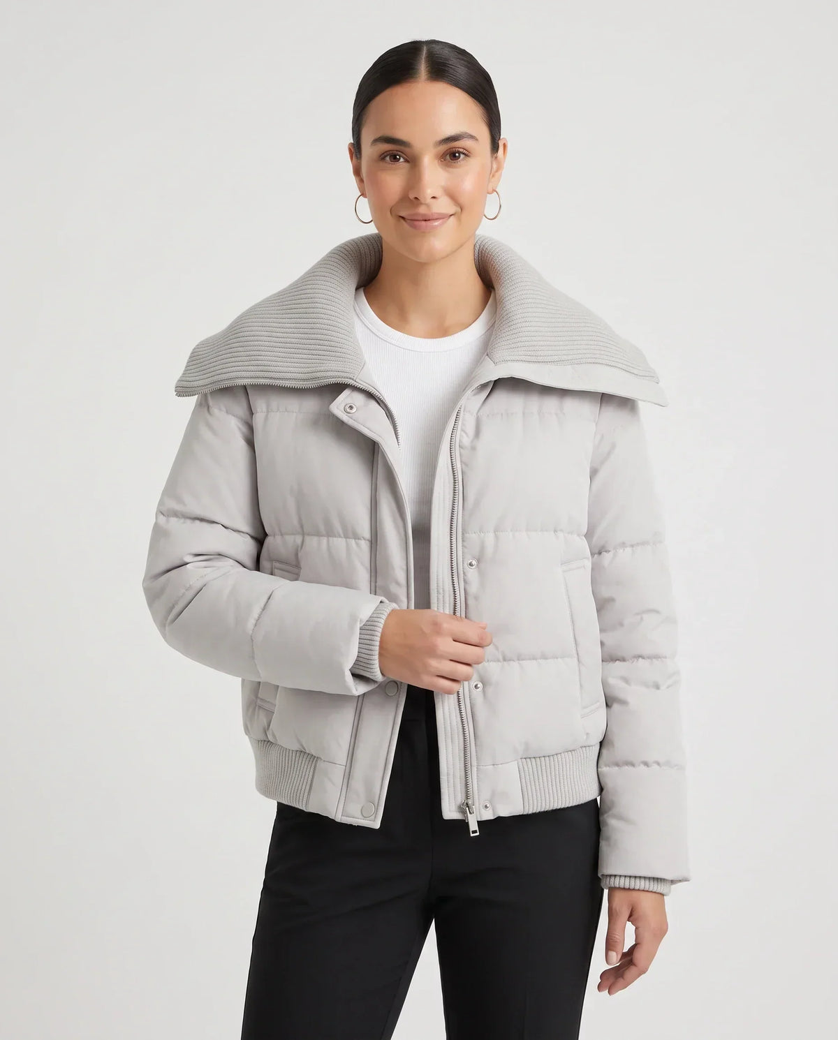 Short Puffer Jacket with Knitted Collar
