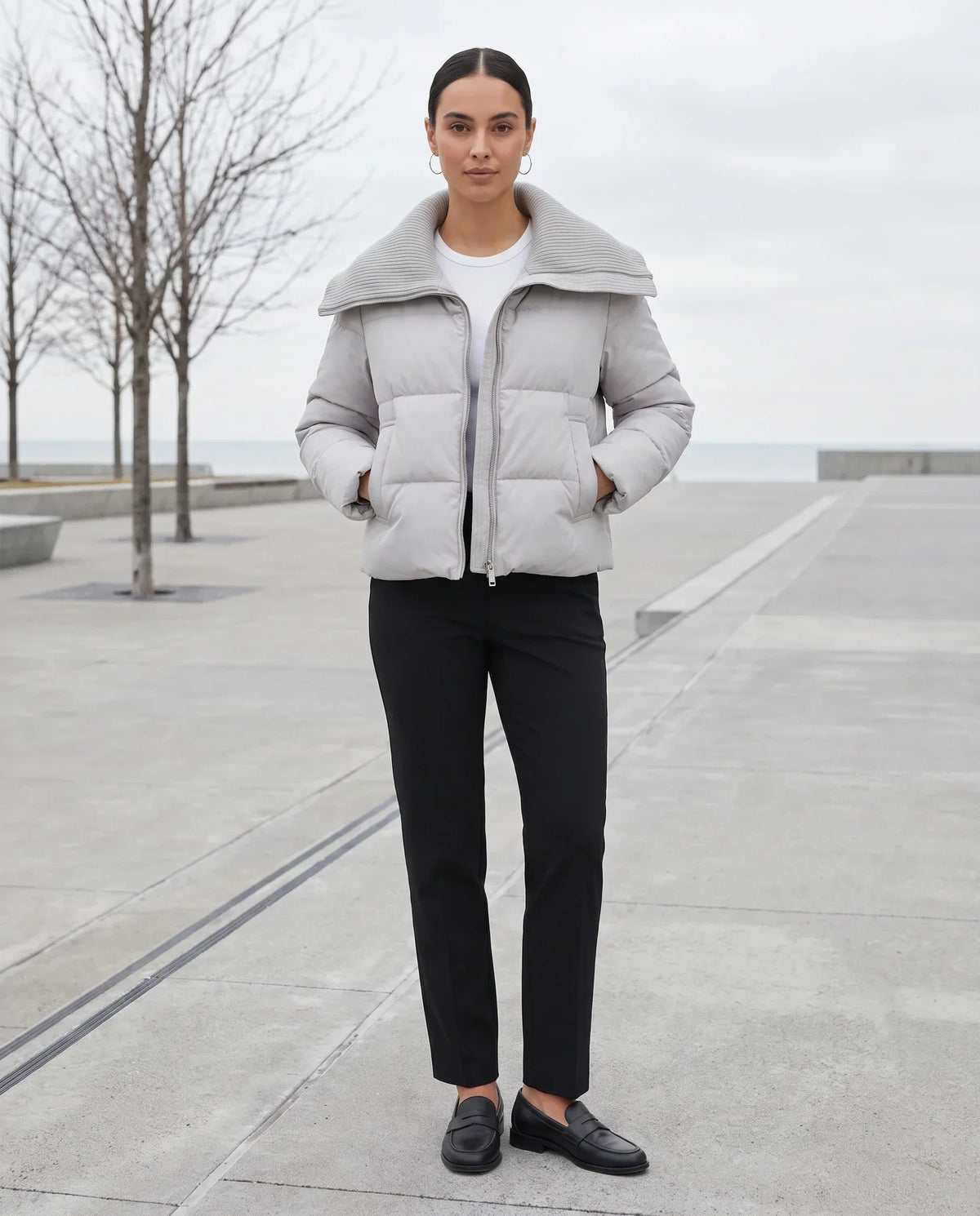 Short Puffer Jacket with Knitted Collar