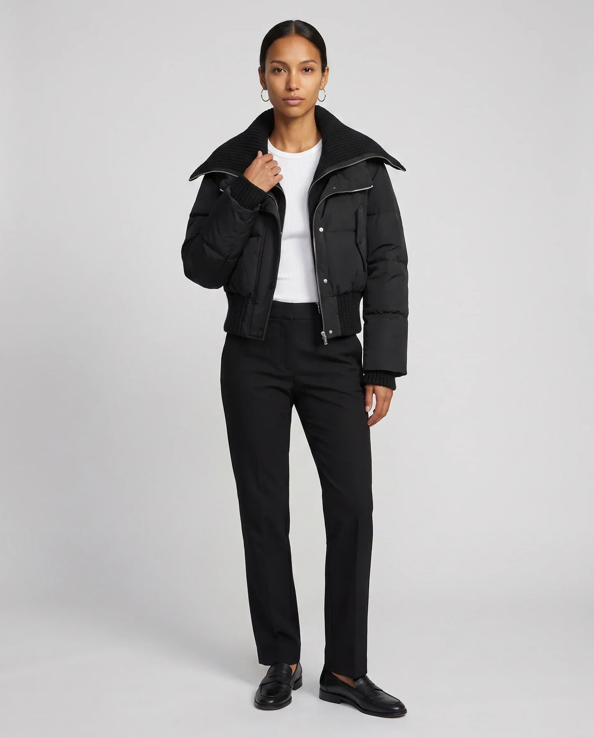 Short Puffer Jacket with Knitted Collar
