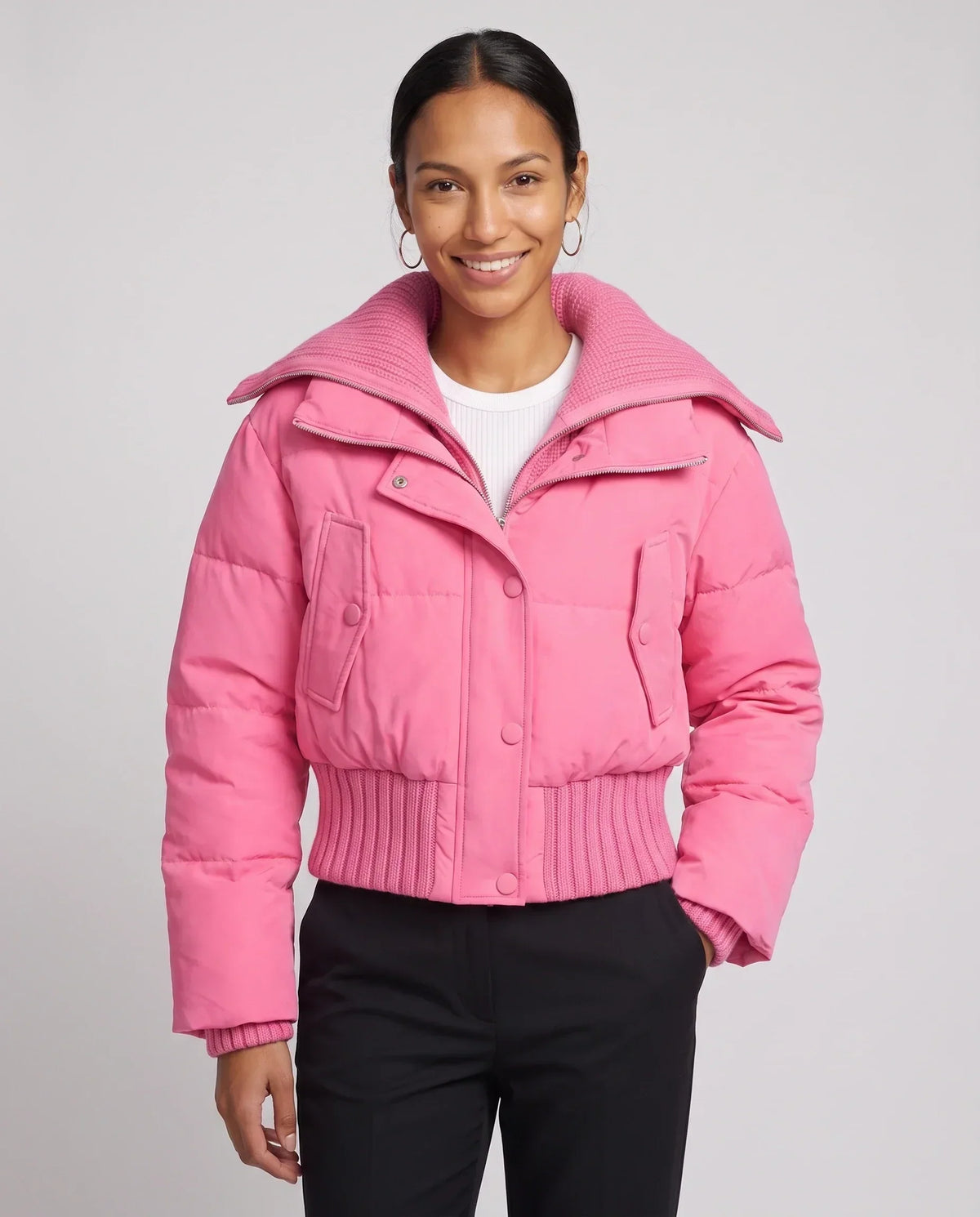 Short Puffer Jacket with Knitted Collar