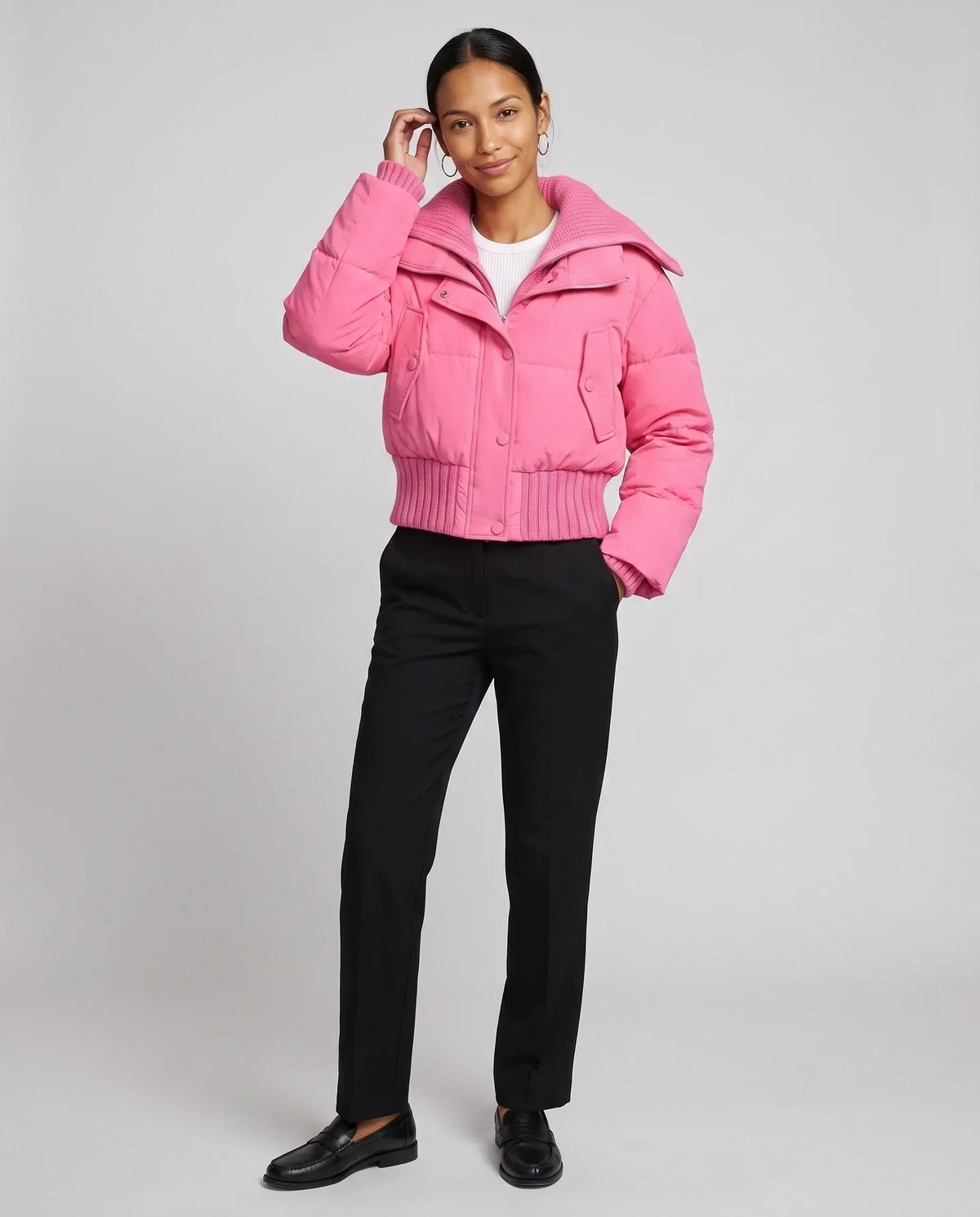 Short Puffer Jacket with Knitted Collar