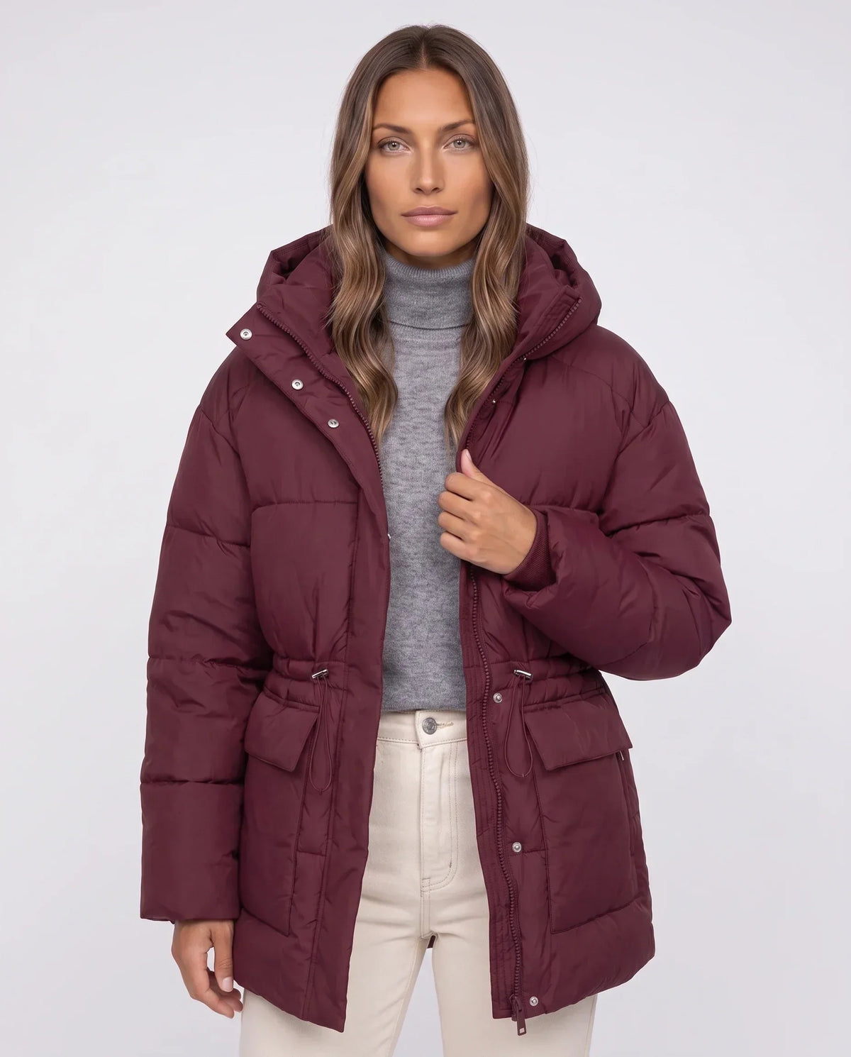 Oversized Hooded Puffer Jacket with Drawcord Waist