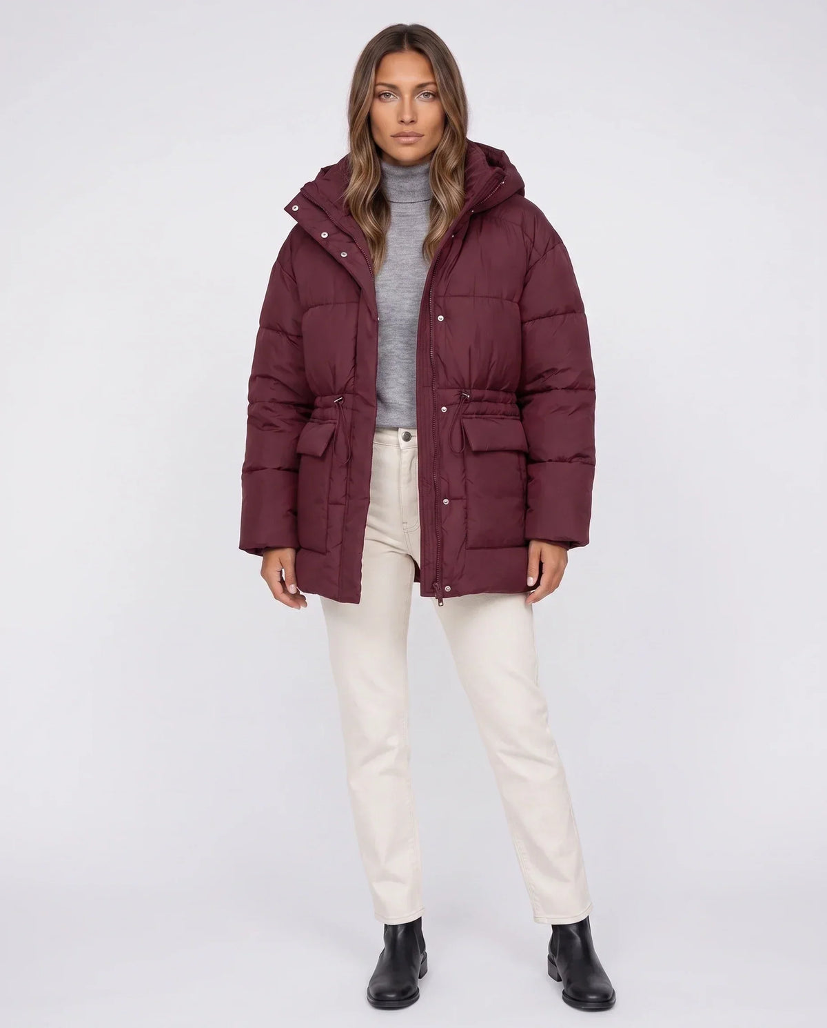 Oversized Hooded Puffer Jacket with Drawcord Waist