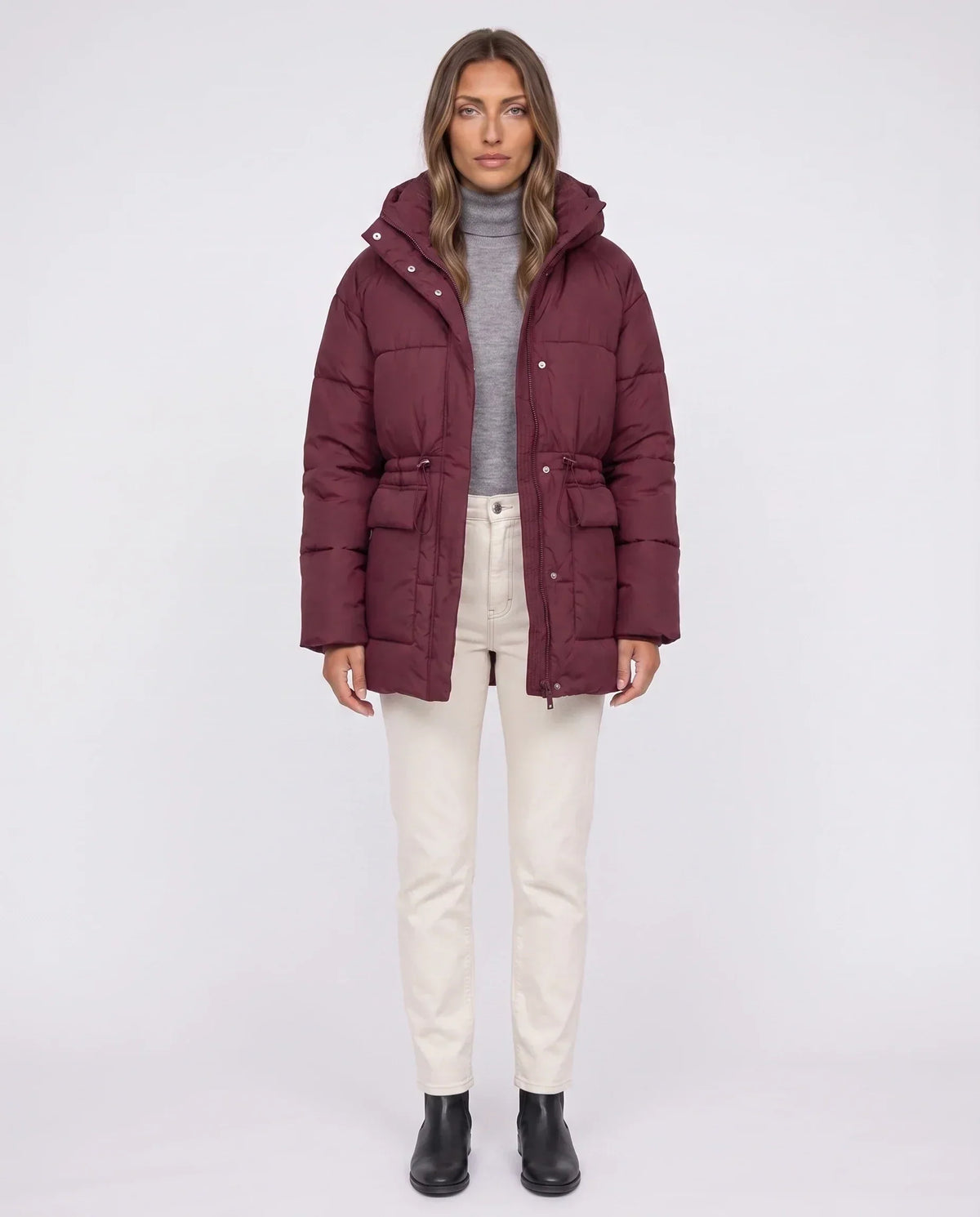 Oversized Hooded Puffer Jacket with Drawcord Waist
