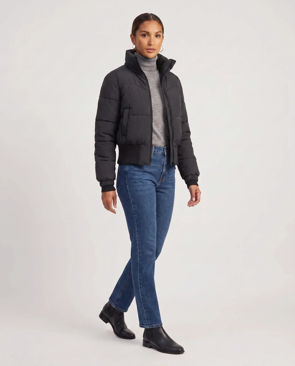 Short Black Puffer Jacket with Ribbed Hem
