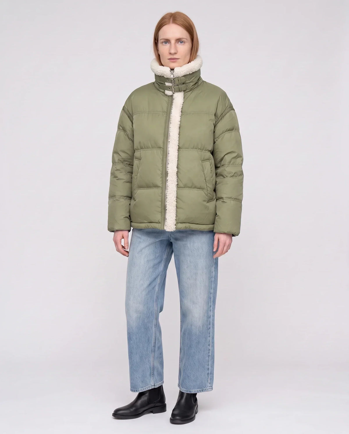 Short Oversized Puffer Jacket with Sherpa Trim