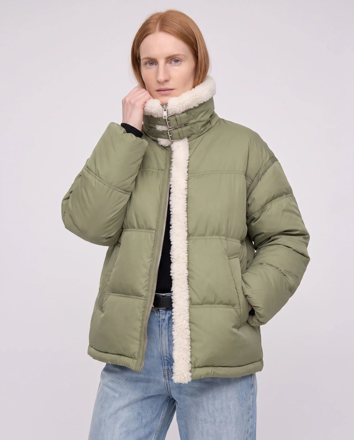 Short Oversized Puffer Jacket with Sherpa Trim