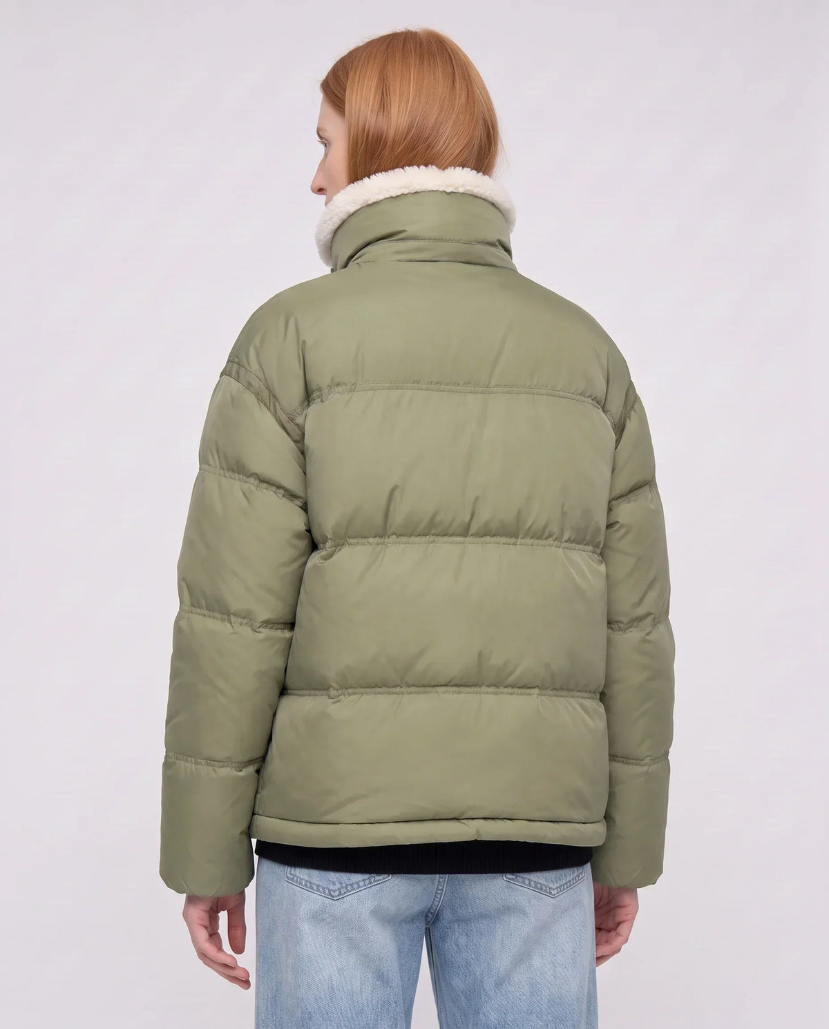 Short Oversized Puffer Jacket with Sherpa Trim