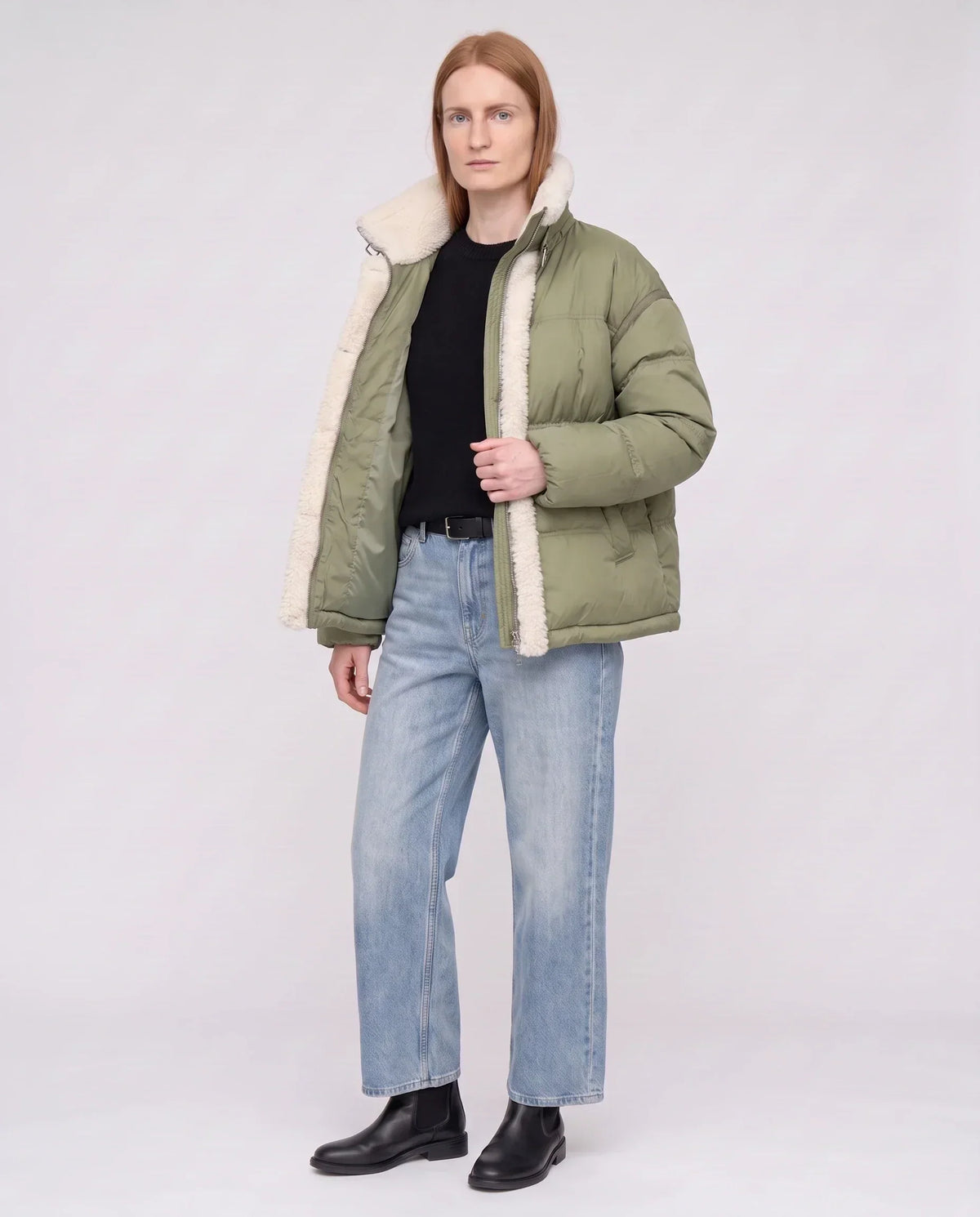 Short Oversized Puffer Jacket with Sherpa Trim