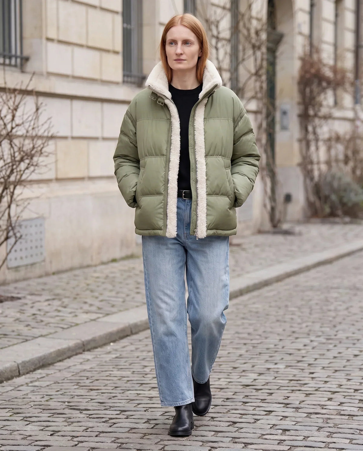 Short Oversized Puffer Jacket with Sherpa Trim