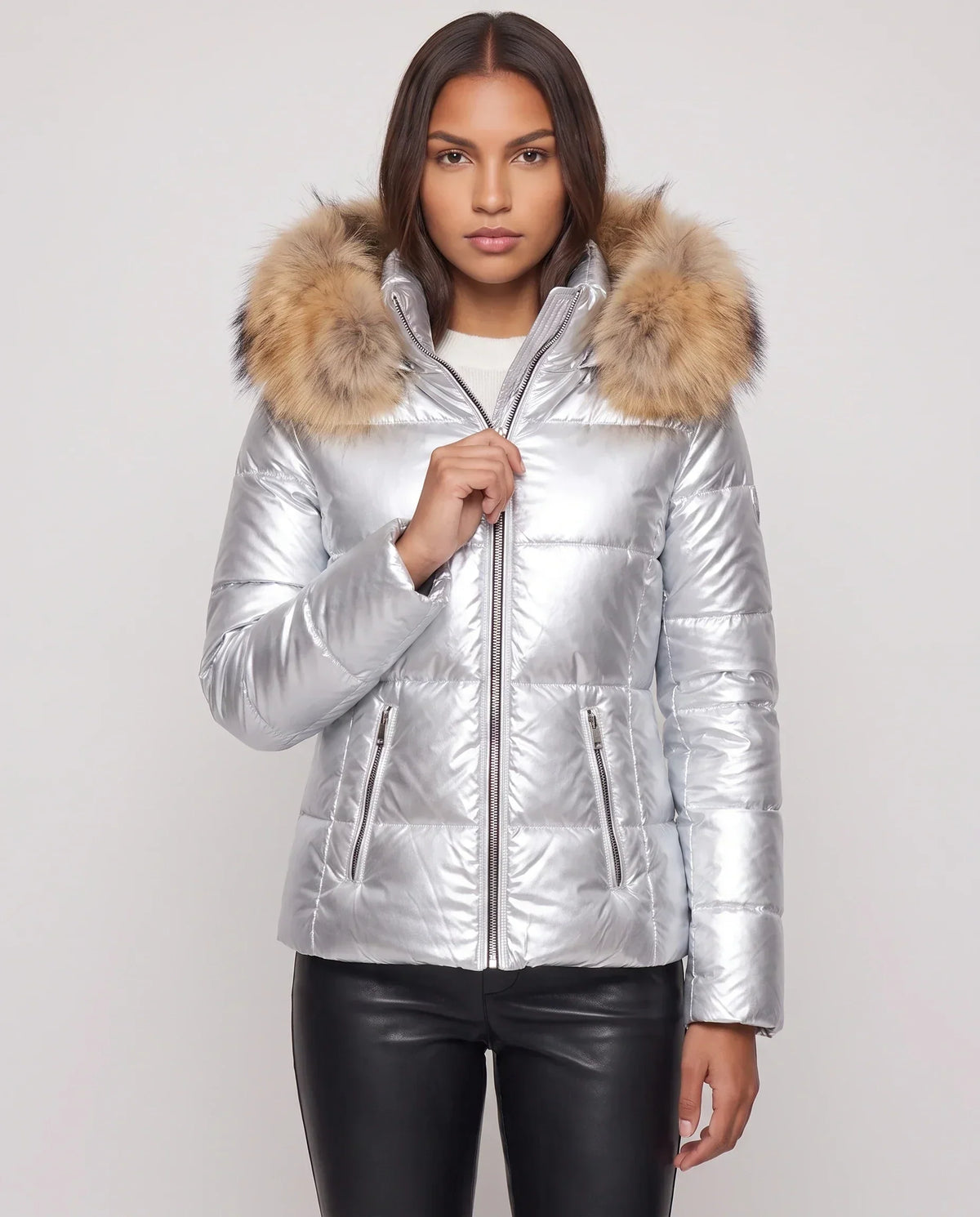 Short Shiny Puffer Jacket with Faux Fur Hood