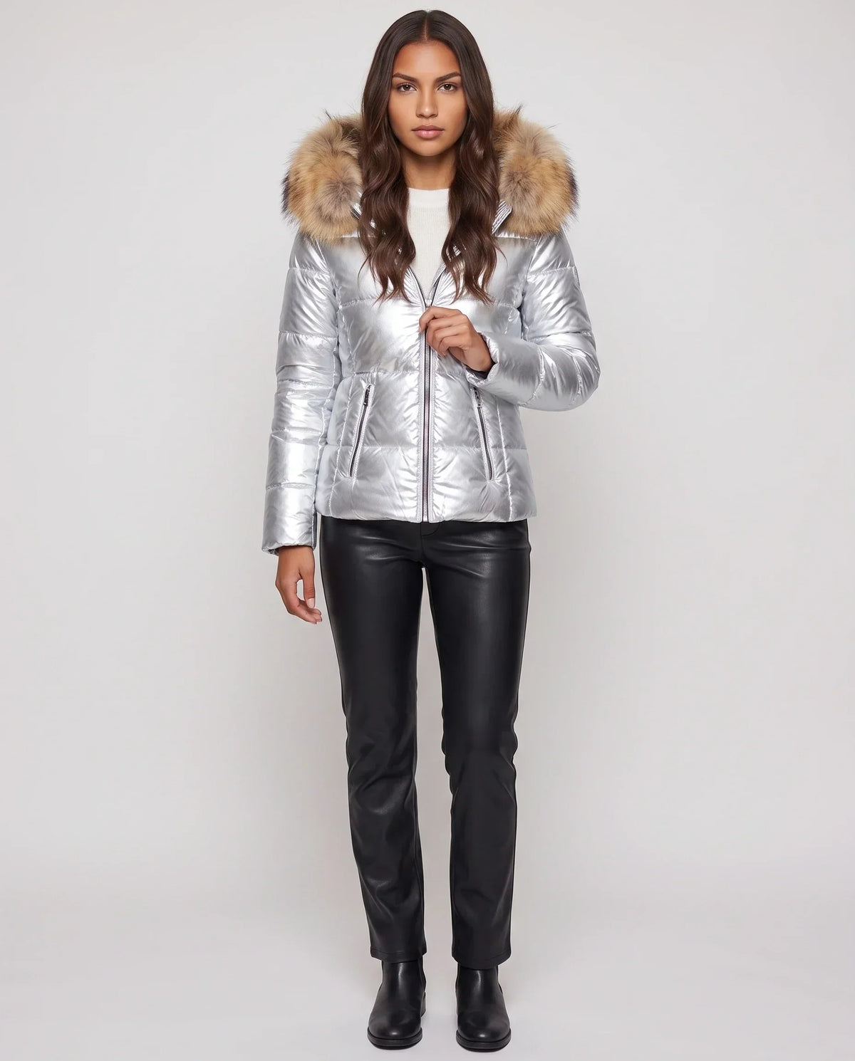 Short Shiny Puffer Jacket with Faux Fur Hood