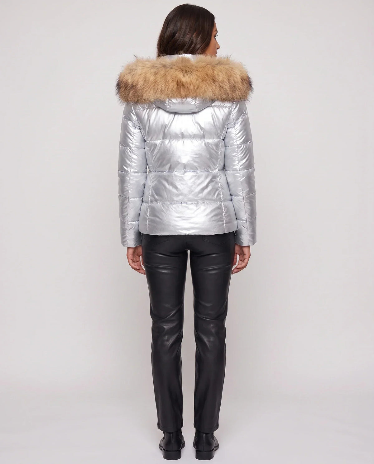 Short Shiny Puffer Jacket with Faux Fur Hood