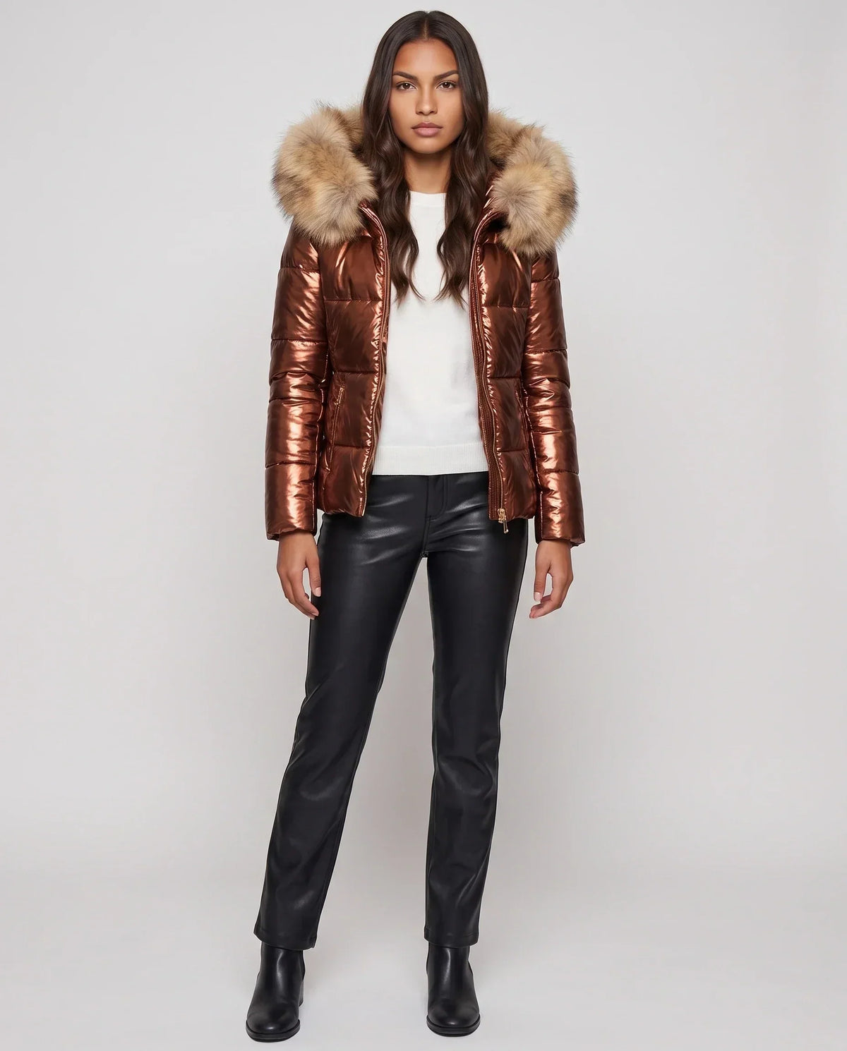 Short Shiny Puffer Jacket with Faux Fur Hood