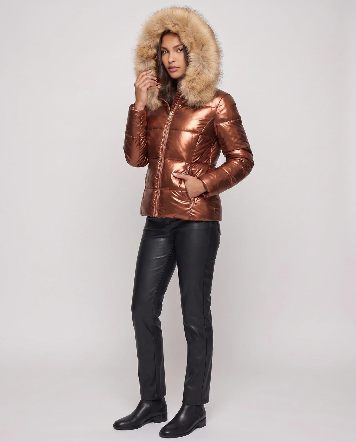 Short Shiny Puffer Jacket with Faux Fur Hood