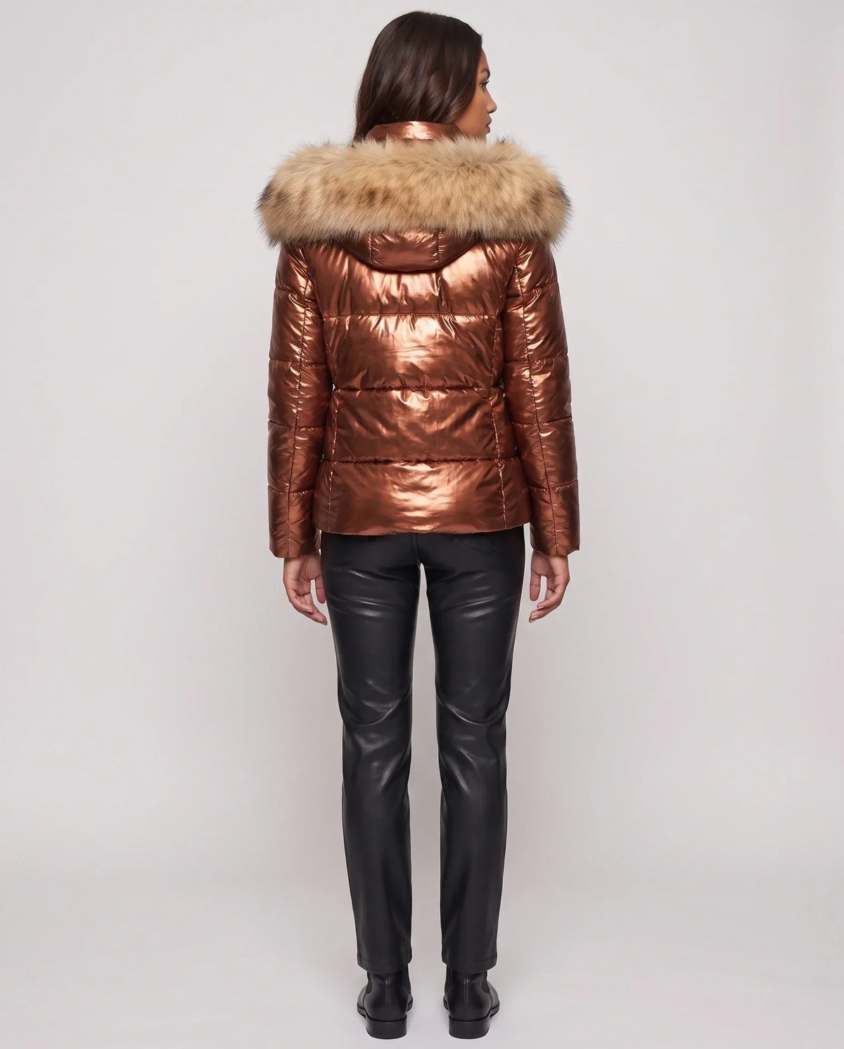 Short Shiny Puffer Jacket with Faux Fur Hood