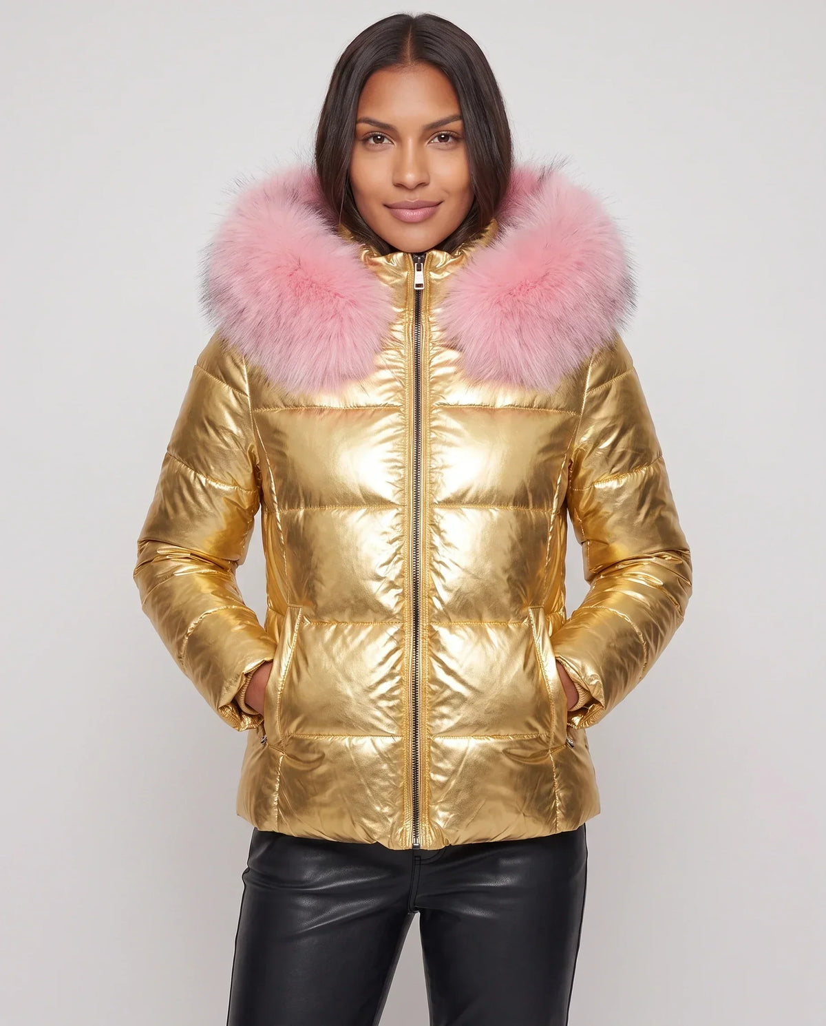 Short Shiny Puffer Jacket with Faux Fur Hood