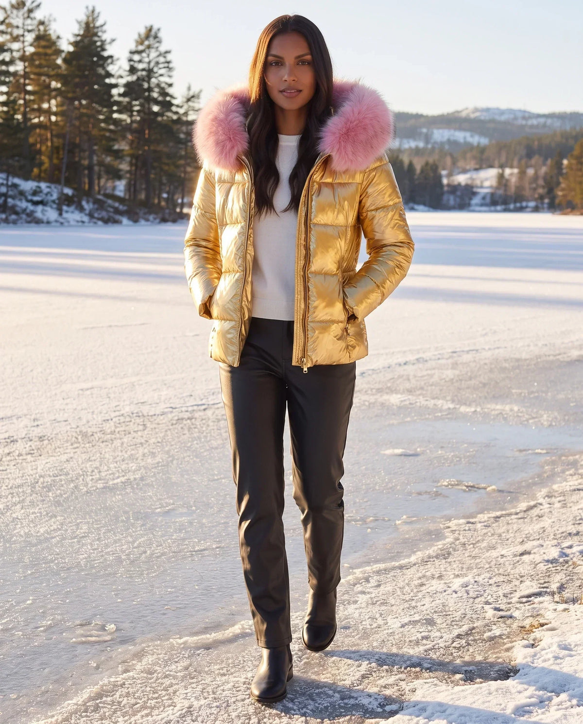 Short Shiny Puffer Jacket with Faux Fur Hood