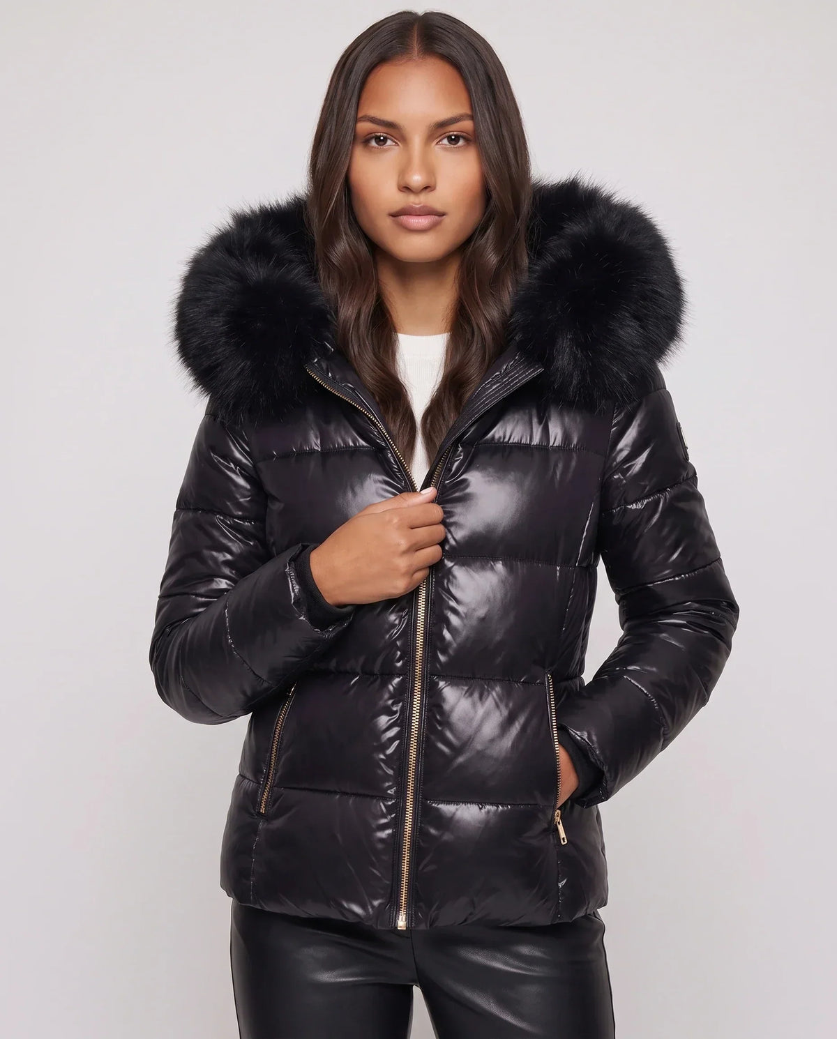 Short Shiny Puffer Jacket with Faux Fur Hood