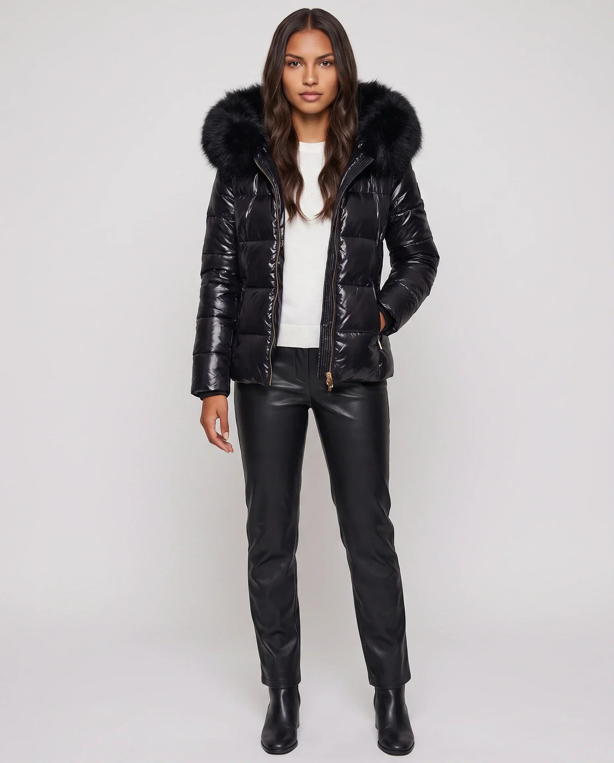 Short Shiny Puffer Jacket with Faux Fur Hood