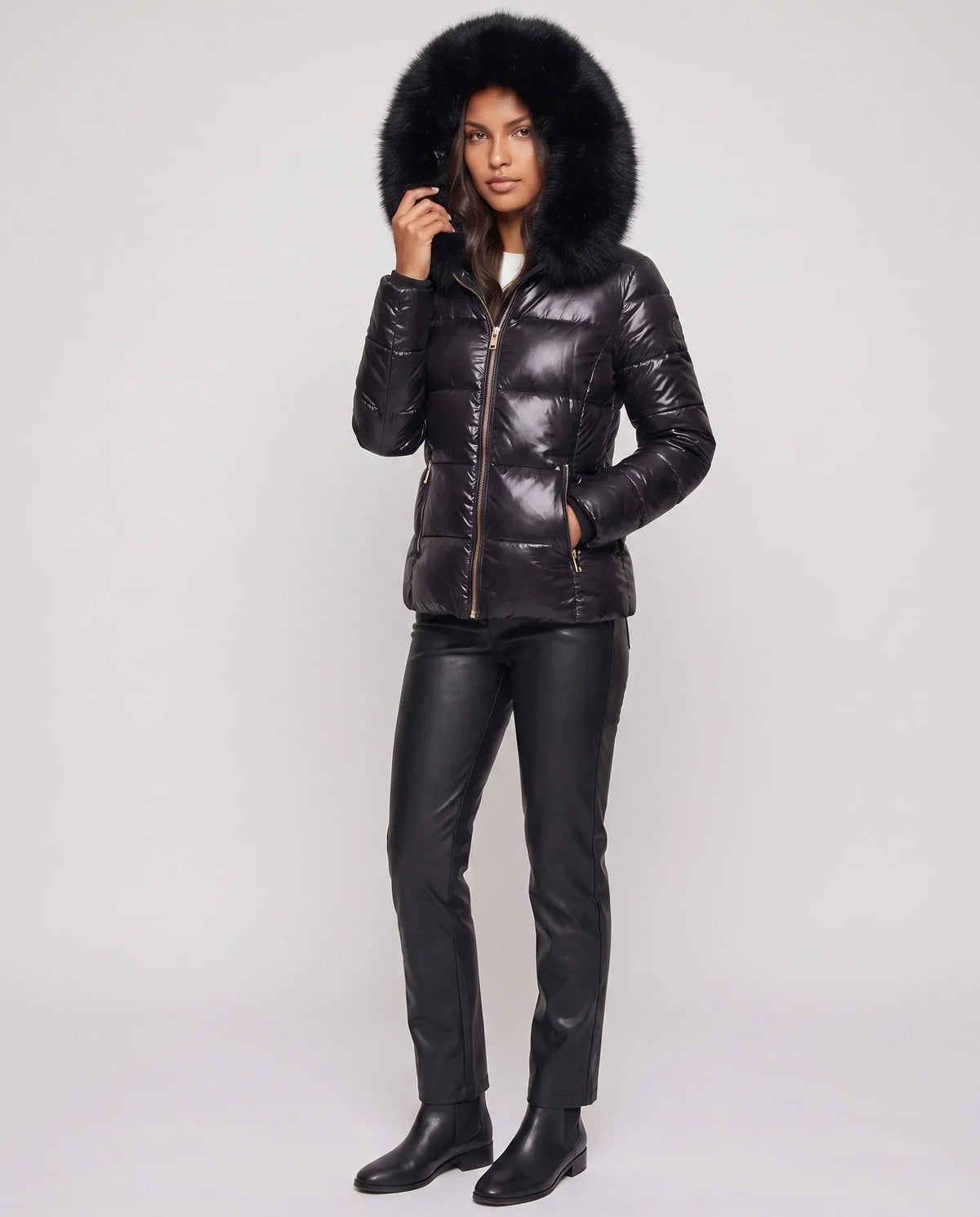 Short Shiny Puffer Jacket with Faux Fur Hood