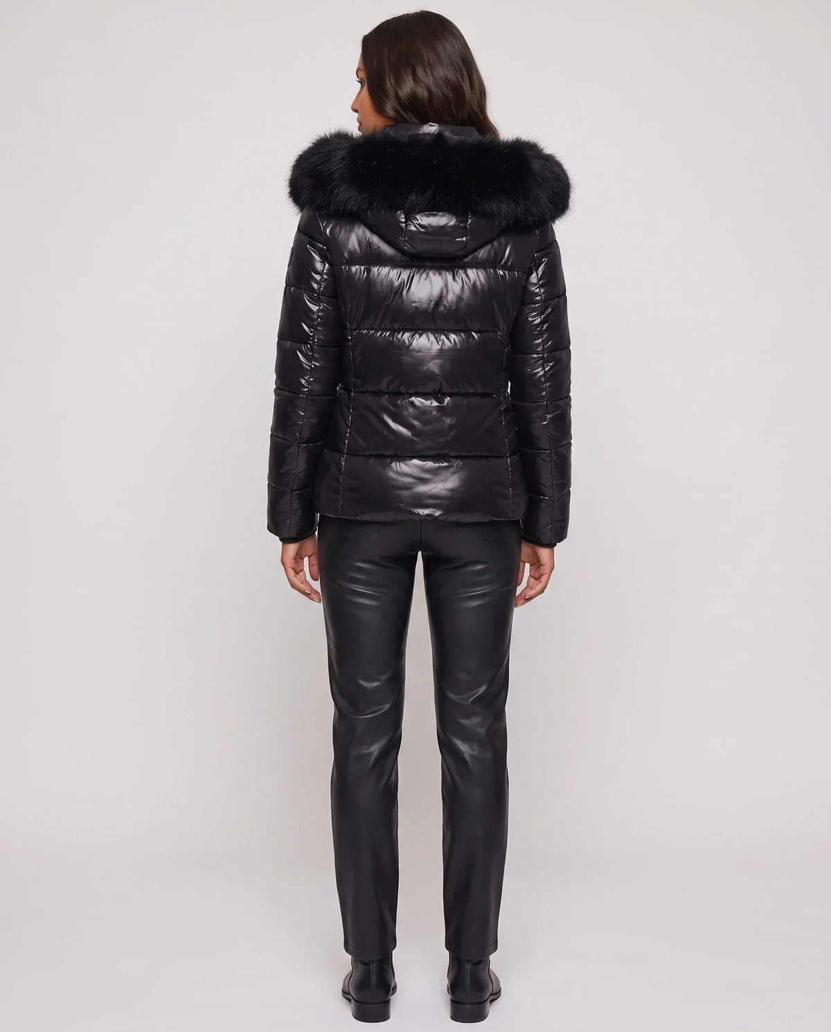 Short Shiny Puffer Jacket with Faux Fur Hood