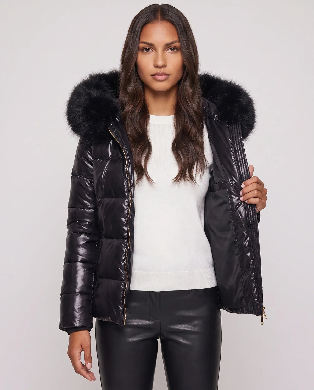 Short Shiny Puffer Jacket with Faux Fur Hood