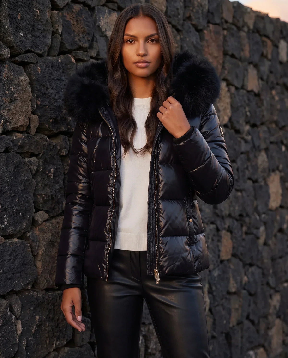 Short Shiny Puffer Jacket with Faux Fur Hood