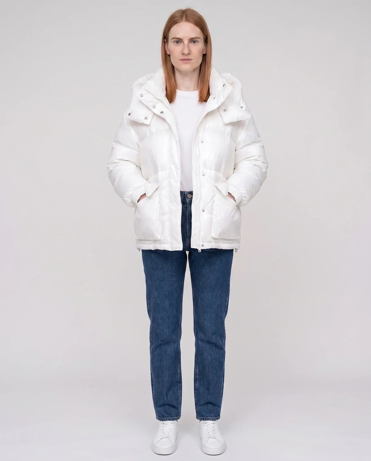 Short Shiny Puffer Jacket with Patch Pockets