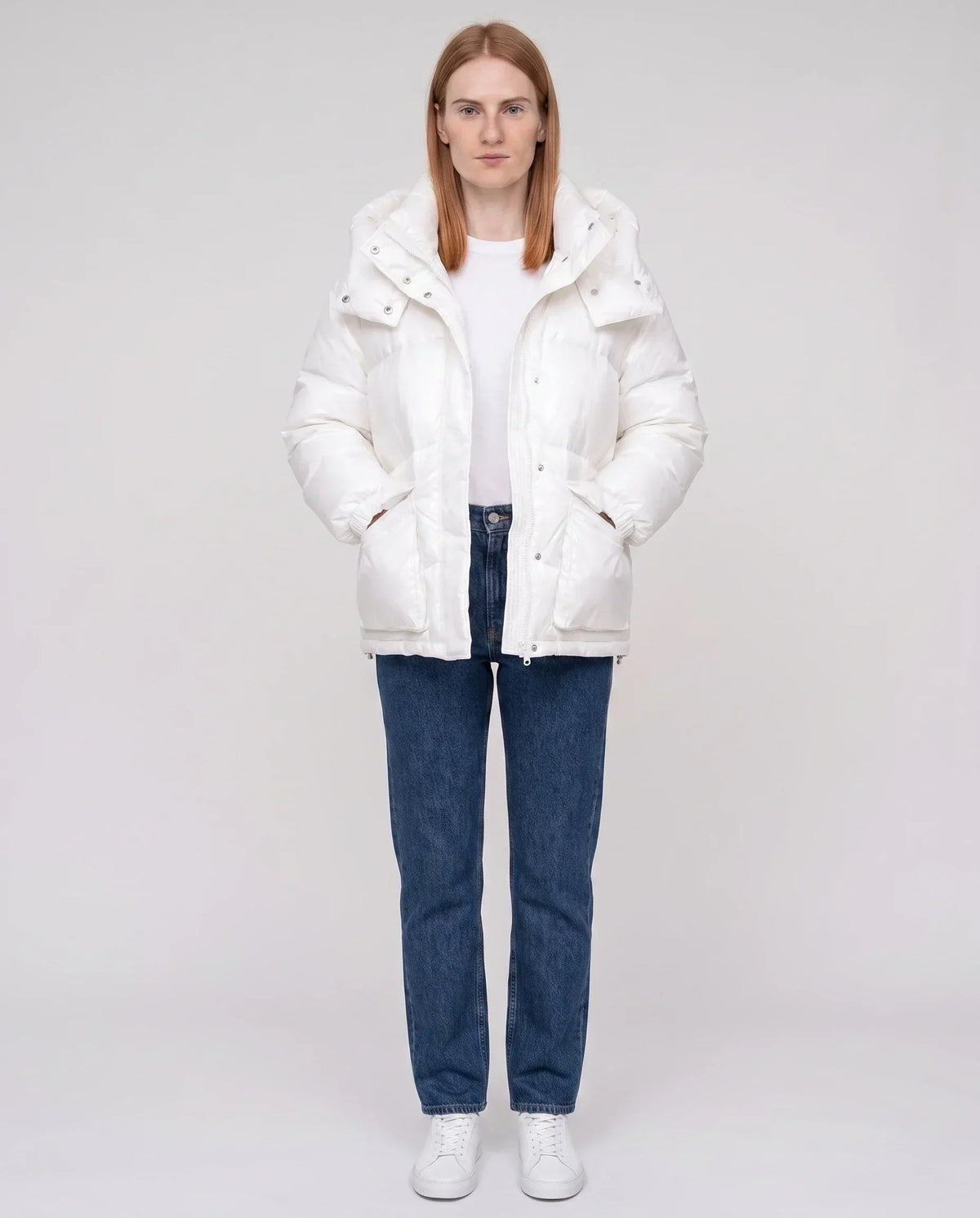 Short Shiny Puffer Jacket with Patch Pockets