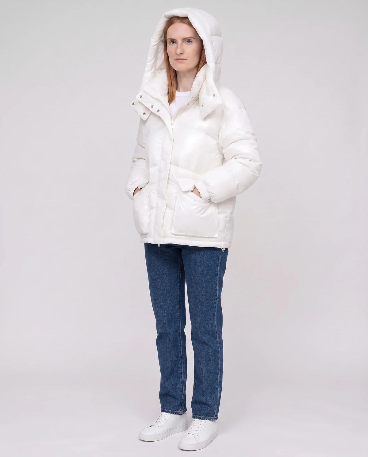 Short Shiny Puffer Jacket with Patch Pockets