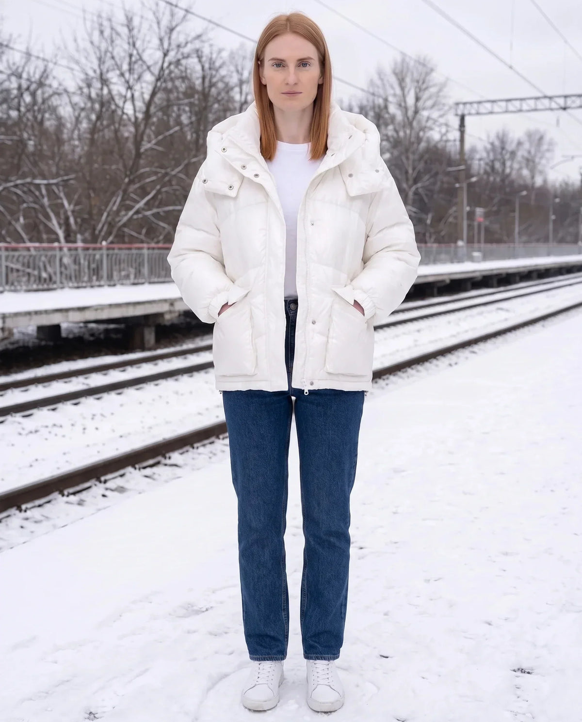 Short Shiny Puffer Jacket with Patch Pockets