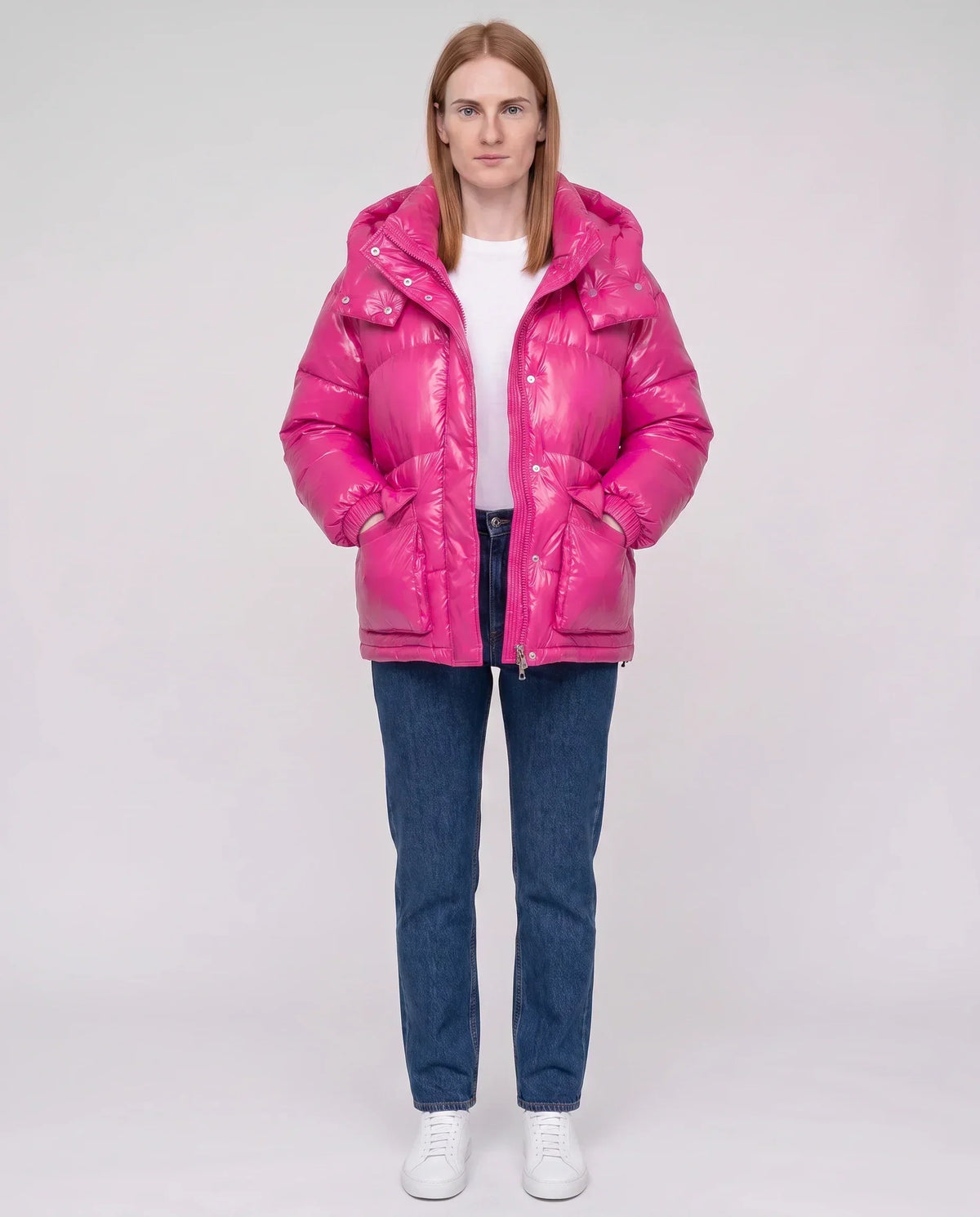 Short Shiny Puffer Jacket with Patch Pockets