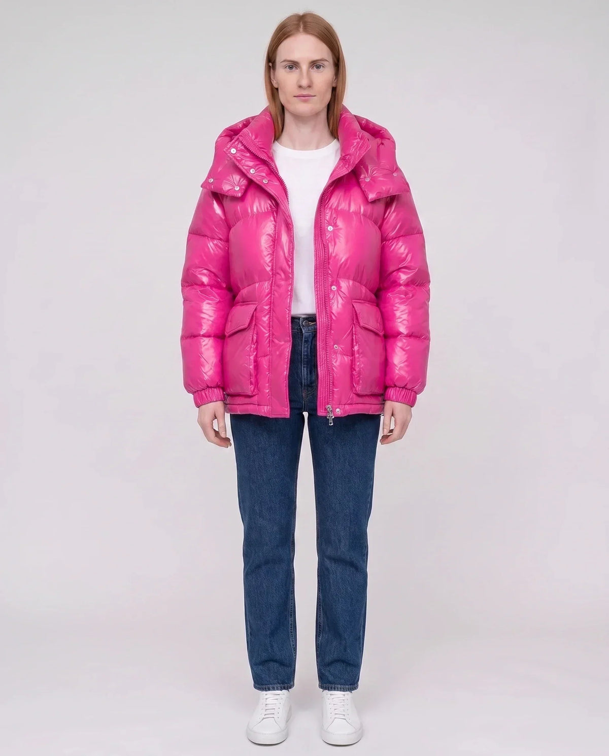 Short Shiny Puffer Jacket with Patch Pockets