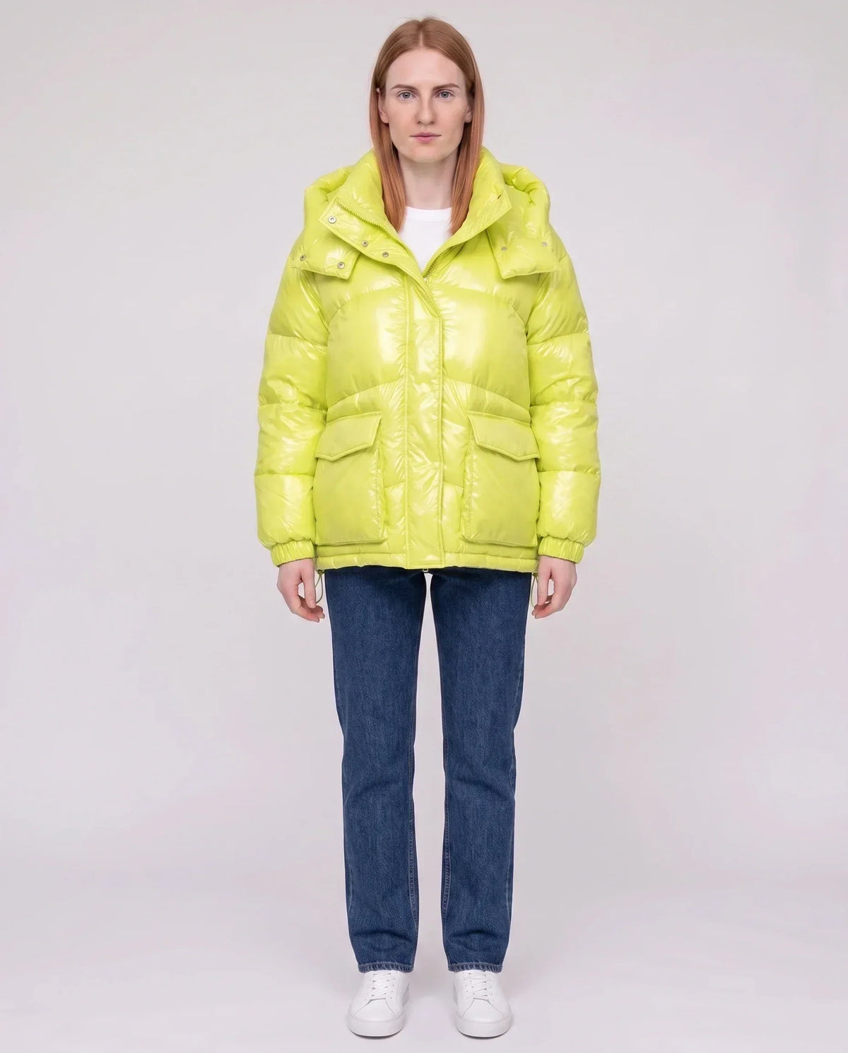 Short Shiny Puffer Jacket with Patch Pockets