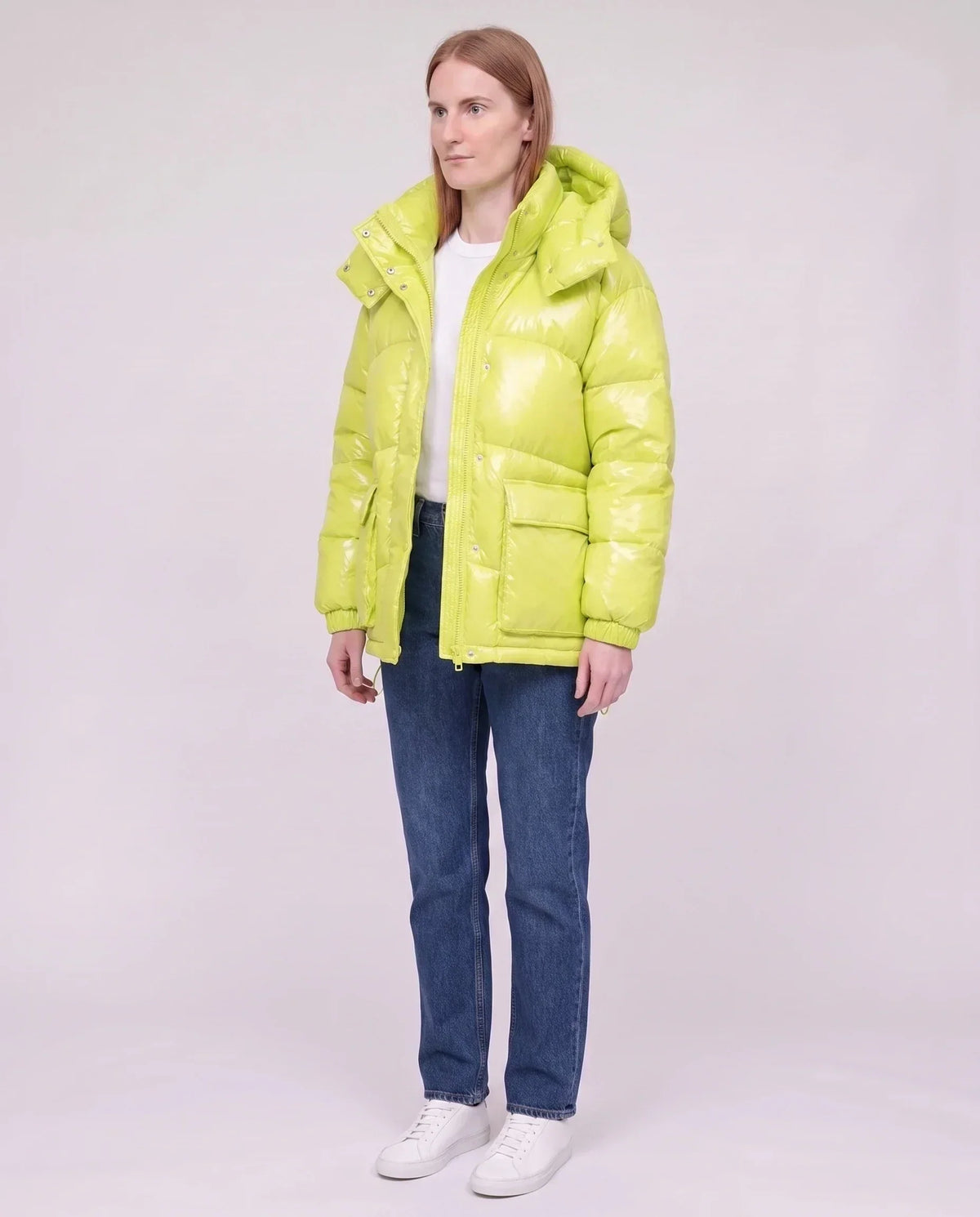 Short Shiny Puffer Jacket with Patch Pockets
