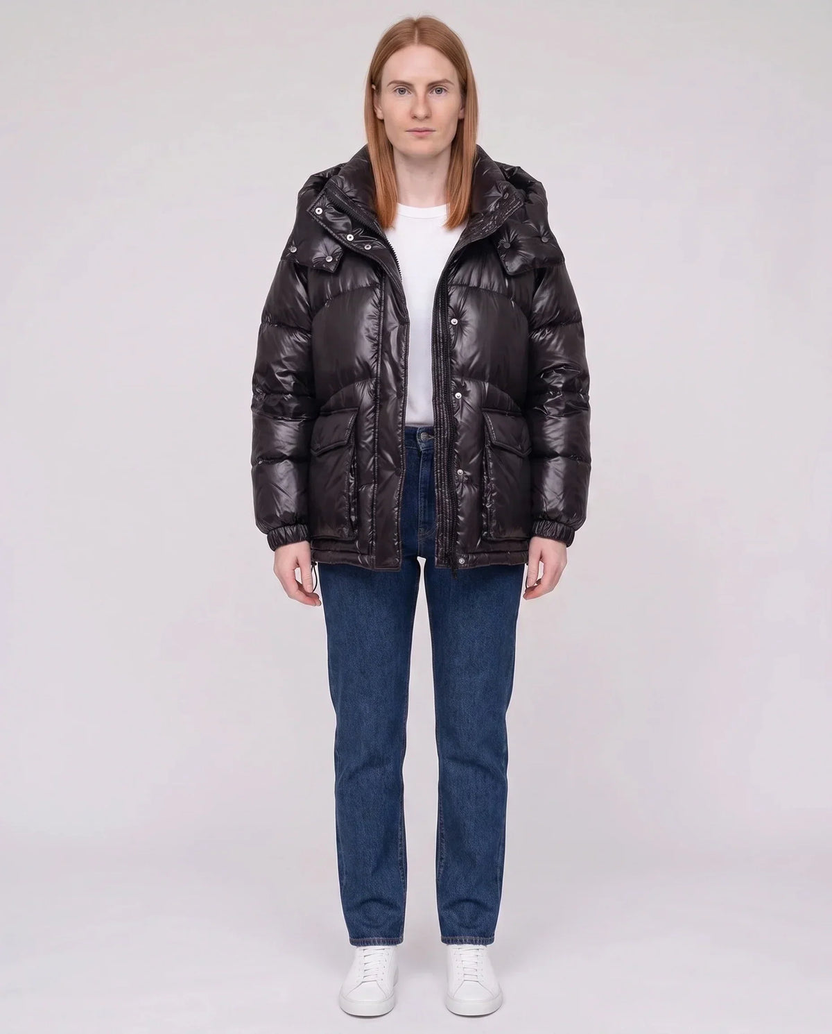 Short Shiny Puffer Jacket with Patch Pockets