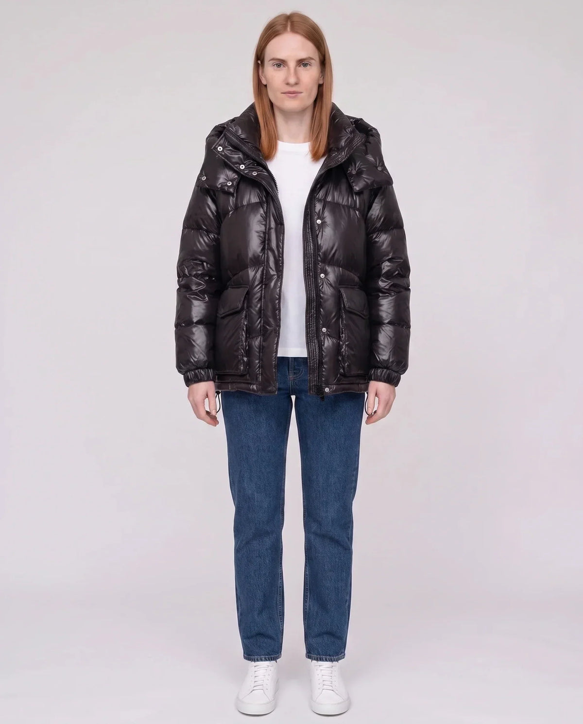 Short Shiny Puffer Jacket with Patch Pockets