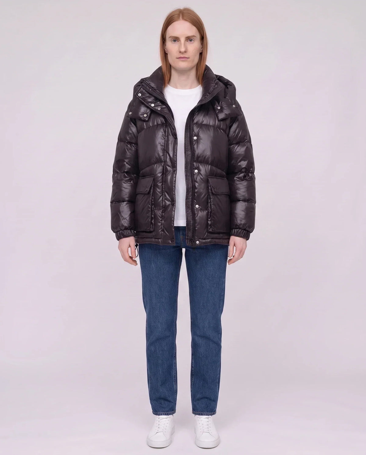 Short Shiny Puffer Jacket with Patch Pockets