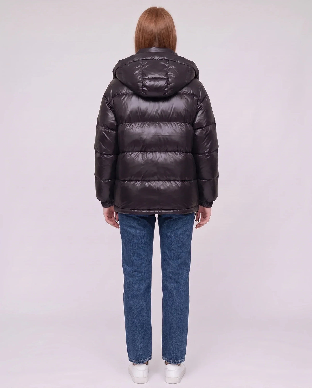 Short Shiny Puffer Jacket with Patch Pockets