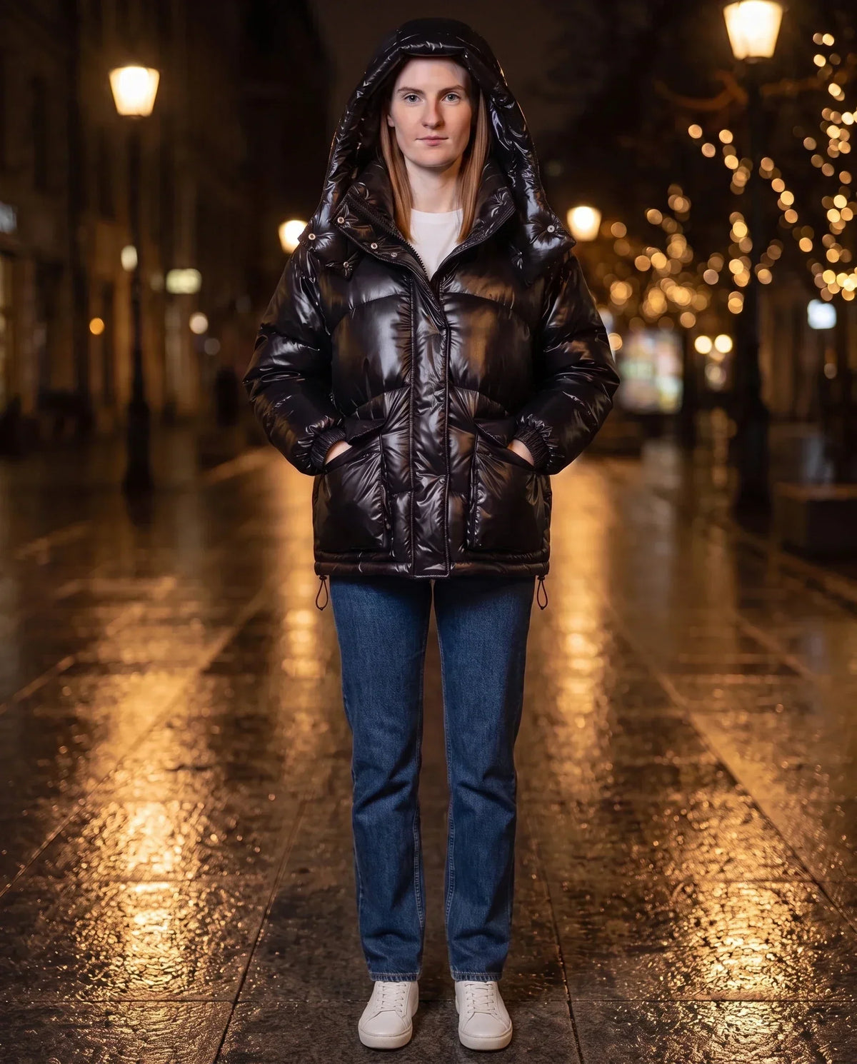 Short Shiny Puffer Jacket with Patch Pockets