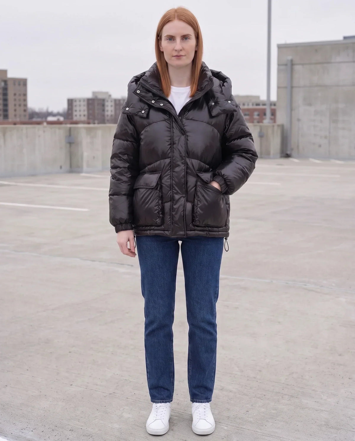 Short Shiny Puffer Jacket with Patch Pockets