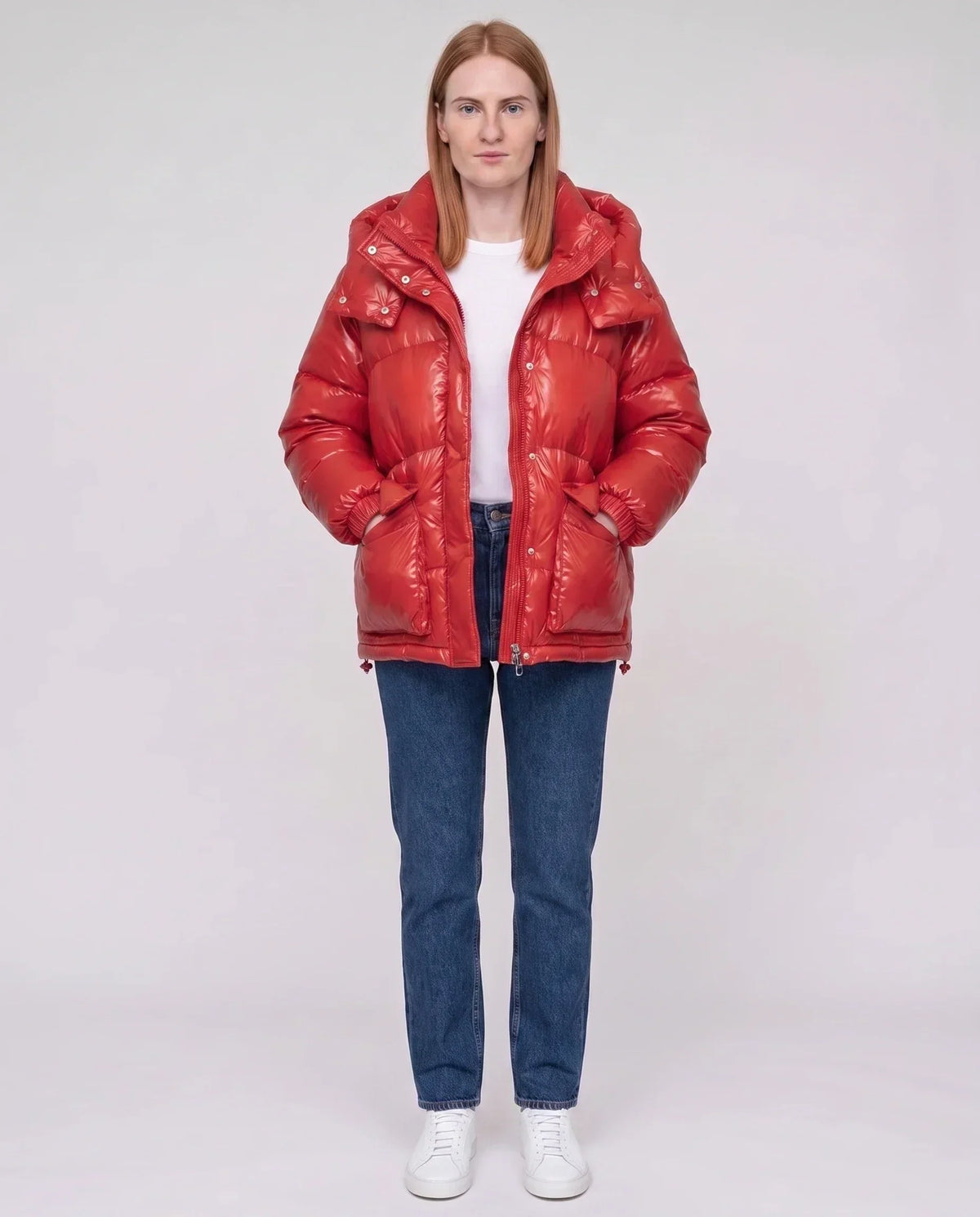 Short Shiny Puffer Jacket with Patch Pockets