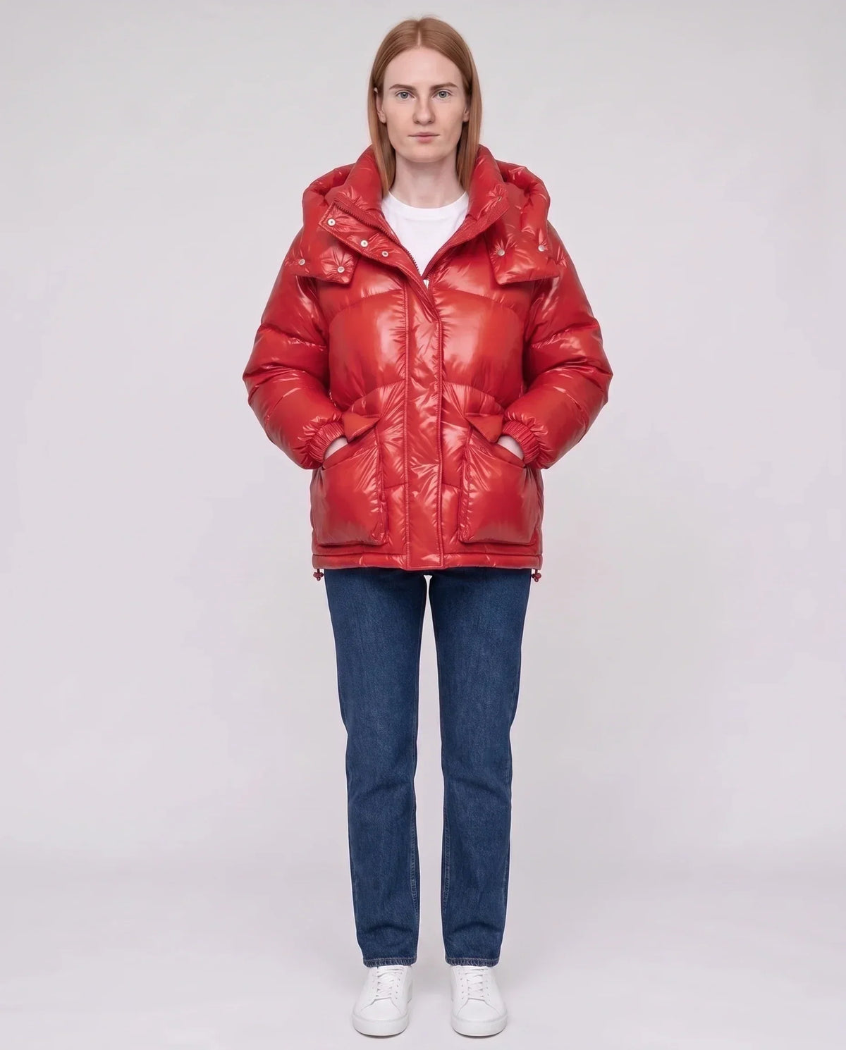 Short Shiny Puffer Jacket with Patch Pockets