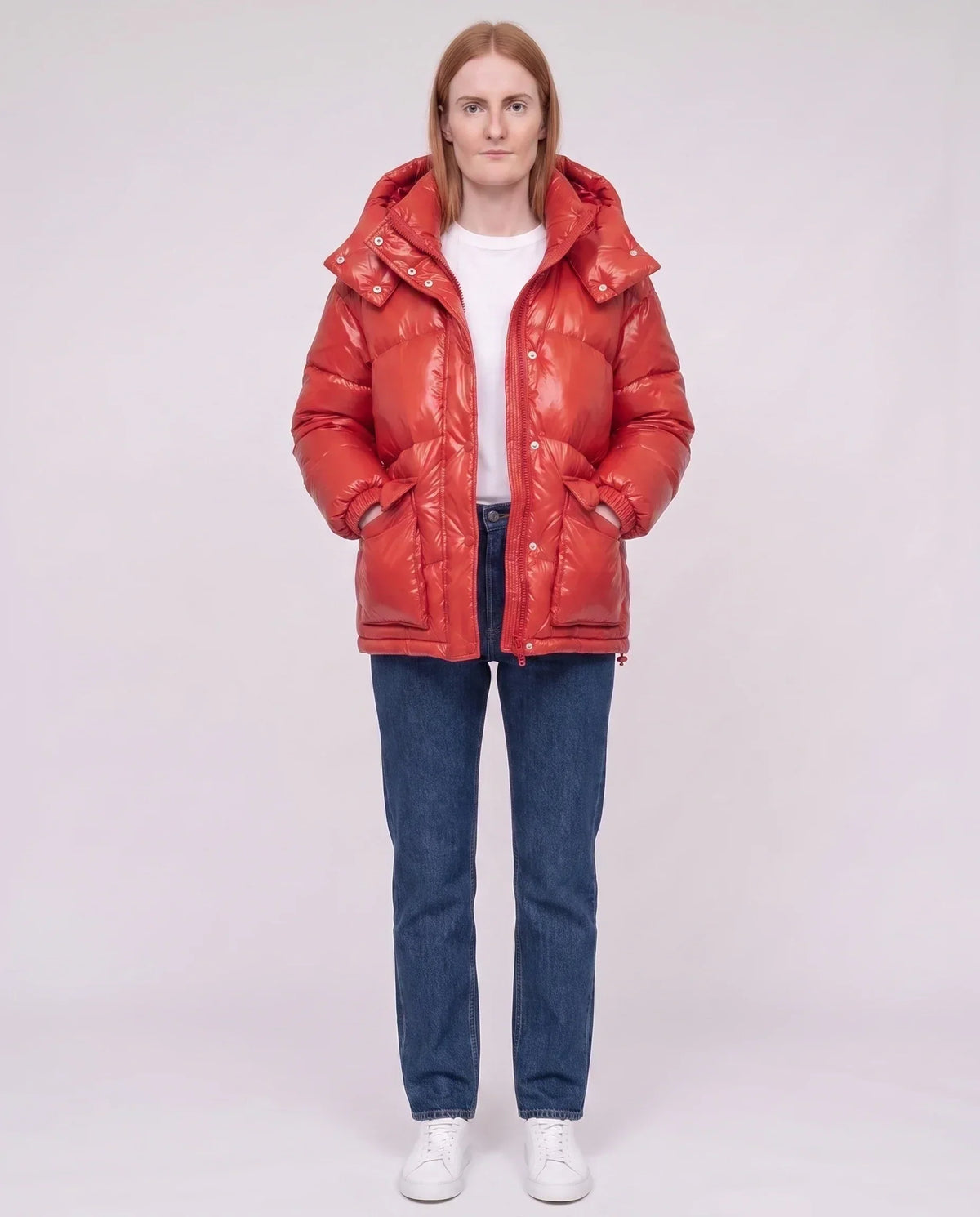 Short Shiny Puffer Jacket with Patch Pockets