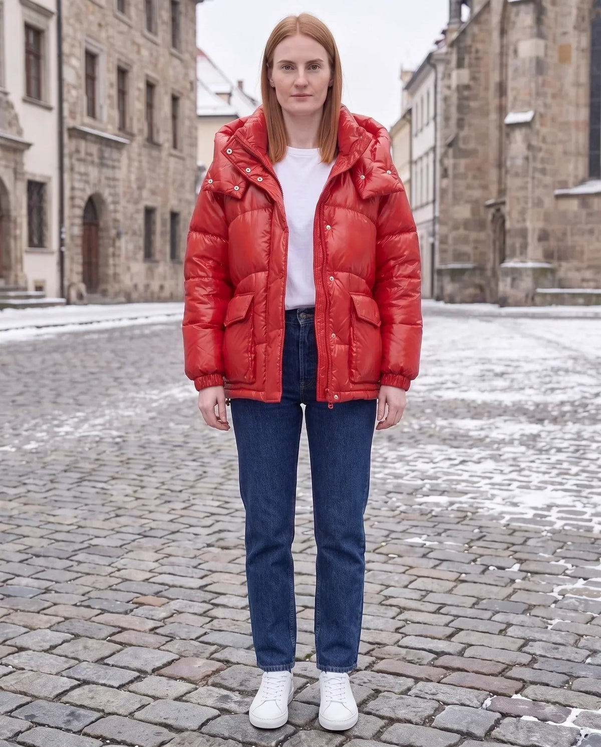 Short Shiny Puffer Jacket with Patch Pockets