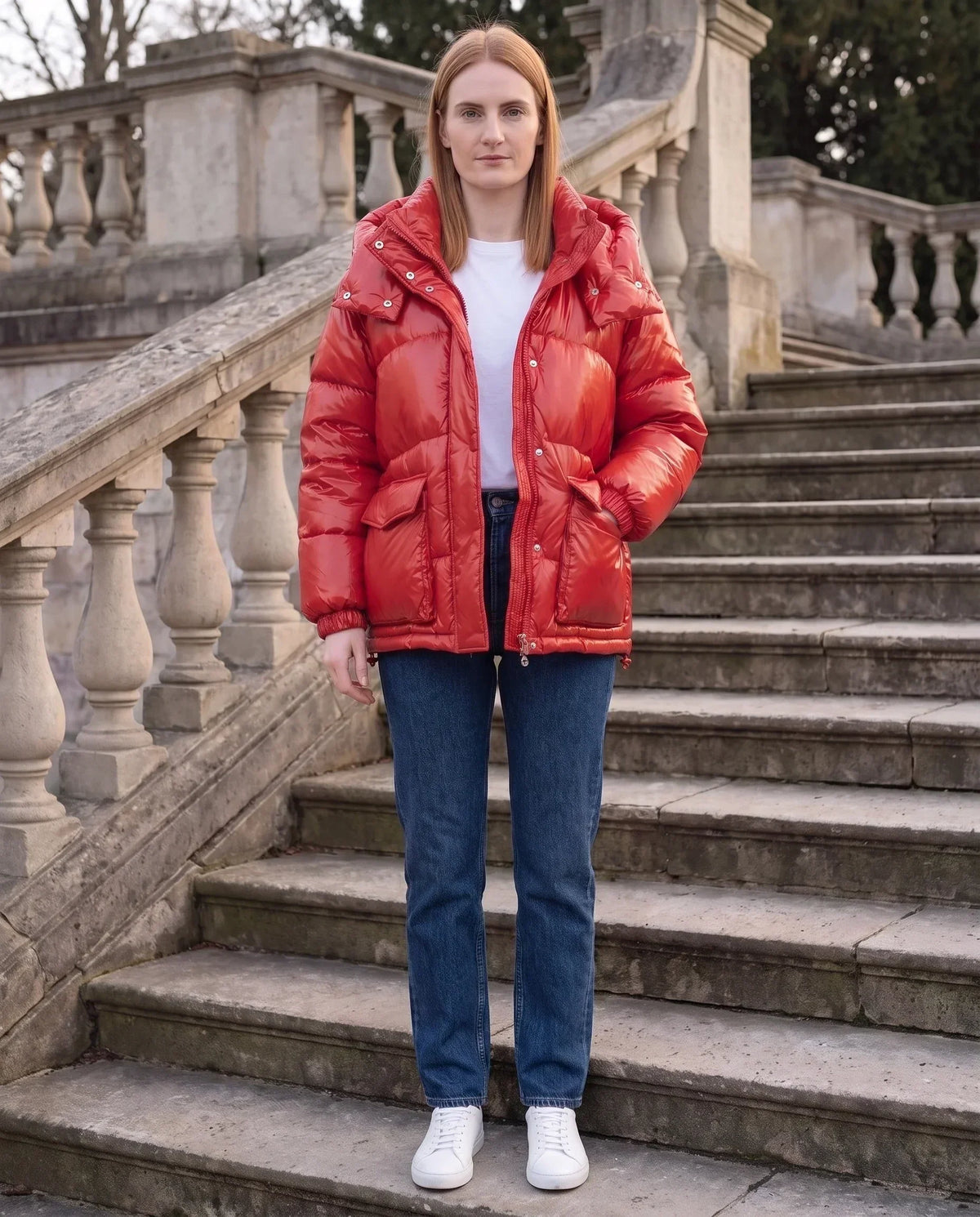 Short Shiny Puffer Jacket with Patch Pockets